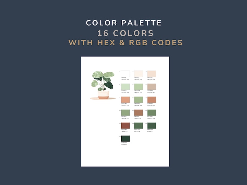 May include: A color palette with 16 colors, including shades of green, brown, and white. The color codes are listed in hex and RGB format. The palette is displayed on a white background with a potted plant illustration.