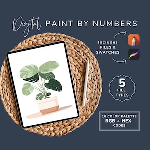 May include: Digital paint by numbers illustration of a potted plant with green leaves on a tablet screen. The image includes 5 file types and 16 color palette RGB and HEX codes.