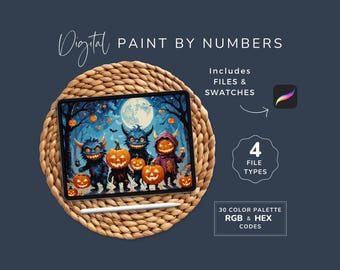 Paint by Numbers Halloween, Spooky Monsters, Digital Coloring Pages, PDF, PNG, Procreate PBN Template, 30 Colors, Instant Download, WP147