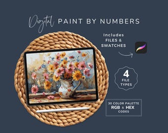Procreate Paint By Numbers, Farmhouse Floral, Cottagecore Coloring Pages, Digital DIY Art Kit, 30 Color Palette, Instant Download, 173