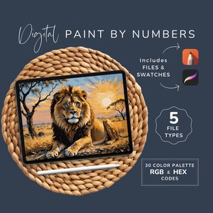 Paint by Numbers Lion, Digital Color by Number Kit Adult, DIY Art Project, Procreate, Sketchbook, PDF PNG, 30 Colors, Instant Download WP03