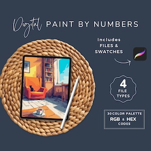 Könnte beinhalten: Digitales Malen nach Zahlen-Kunstwerk auf einem Tablet, das eine gemütliche Innenszene mit einem orangefarbenen Sessel, einer schwarzen Katze und einer Kaffeetasse zeigt. Enthält Dateien, Farbfelder, 4 Dateitypen und eine 30-Farben-Palette mit RGB- und HEX-Codes.