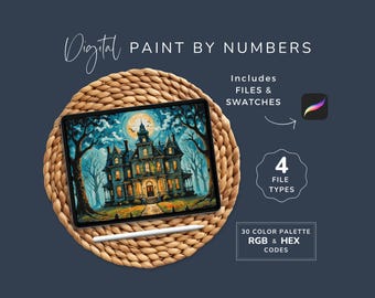 Color by Number on Procreate, Eerie Mansion, Halloween Paint by Numbers, Spooky Art Kit, 30 Colors,  SVG PNG PDF Instant, Download WP139
