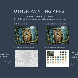 May include: A guide on how to import images into a painting app for paint by number projects. The guide shows four different images: a reference image, a coloured number reference, a black and white colour map, and a numbered colour palette. The text "set layer to MULTIPLY" is included in the image.