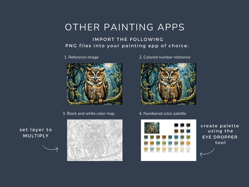May include: A guide on how to import images into a painting app for paint by number projects. The guide shows four different images: a reference image, a coloured number reference, a black and white colour map, and a numbered colour palette. The text "set layer to MULTIPLY" is included in the image.