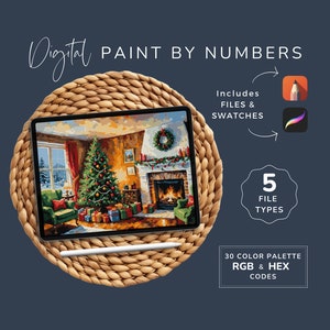 Puede incluir: Kit de pintura digital por números con una escena navideña con una chimenea, un árbol de Navidad decorado y regalos. El kit incluye 5 tipos de archivos, 30 muestras de colores y códigos de color RGB y HEX.