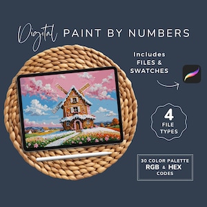 May include: Digital paint by numbers kit featuring a whimsical gingerbread house with a windmill on a snowy landscape. Includes 4 file types and 30 color swatches with RGB and HEX codes.