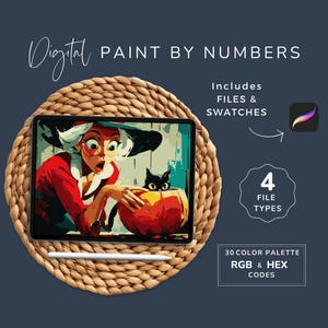 May include: Digital paint by numbers kit displayed on a tablet, featuring a cartoon witch and a black cat. The tablet rests on a woven mat. Includes files, swatches, 4 file types, and a 30-color palette with RGB & HEX codes.