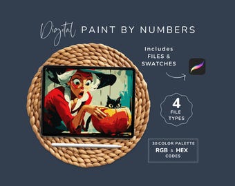Paint by Numbers Halloween, Comical Witch and Black Cat, CBN, Digital Coloring Pages, PDF, PNG, Procreate, 30 Colors, Instant Download, 174