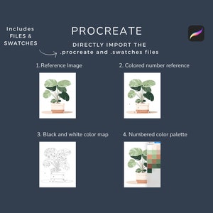 May include: A digital illustration of a potted plant with numbered color swatches for a color-by-number art project. The image includes a reference image, a colored number reference, a black and white color map, and a numbered color palette.