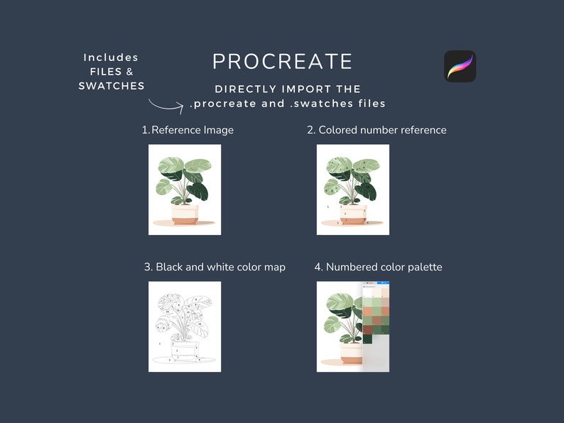 May include: A digital illustration of a potted plant with numbered color swatches for a color-by-number art project. The image includes a reference image, a colored number reference, a black and white color map, and a numbered color palette.