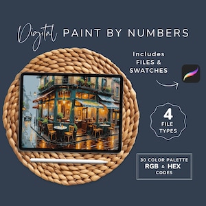 Può includere: Immagine digitale di pittura per numeri di una scena di un caffè parigino. L'immagine è visualizzata su un tablet con uno stilo. L'immagine include 30 palette di colori con codici RGB ed esadecimali.