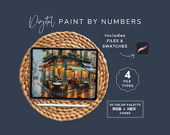 Procreate Paint By Numbers, Rainy Street Scene, European Cafe, Coffee Shop, Digital DIY Painting, PDF PNG, 30 Colors, Instant Download WP95