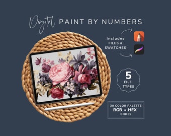 Paint by Numbers Kit Adult Flower, Pink and Purple Bouquet, Floral Painting, PDF Printable Template, 30 Colors, SVG, Instant Download WP74