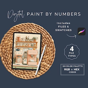 May include: A digital art print displayed on a tablet, featuring a kitchen scene with pink appliances and shelves. The tablet rests on a woven mat, accompanied by a stylus. Text includes "Digital Paint by Numbers," "Includes Files & Swatches," and "4 File Types."