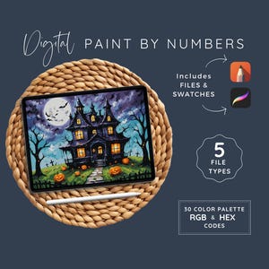 May include: Digital paint by numbers kit featuring a spooky haunted house illustration. Includes 5 file types and 30 color swatches in RGB and HEX codes.