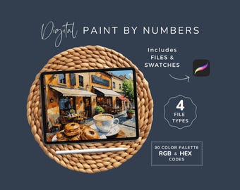 Digital Paint By Numbers kit for Adults, European Street Scene, Coffee Shop, Procreate Coloring, PDF PNG, 30 Colors, Instant Download WP169