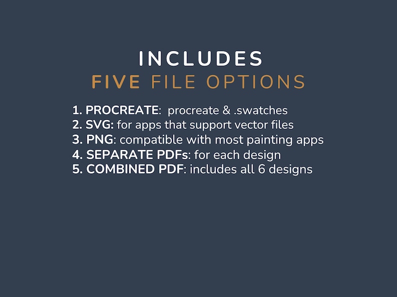 May include: Dark blue background with white and gold text. The text reads "INCLUDES FIVE FILE OPTIONS" followed by a numbered list: Procreate, SVG, PNG, Separate PDFs, and Combined PDF.