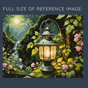 May include: A vintage-style painting depicts a lantern in a forest setting. The lantern, with a warm glow, hangs near a waterfall and is surrounded by lush greenery and pink flowers. The scene is illuminated by a full moon.