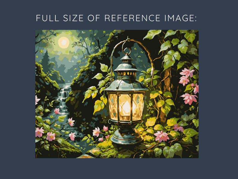 May include: A vintage-style painting depicts a lantern in a forest setting. The lantern, with a warm glow, hangs near a waterfall and is surrounded by lush greenery and pink flowers. The scene is illuminated by a full moon.