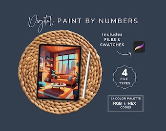 Digital Paint By Numbers, Retro Lounge, Vintage Living Area, Digital DIY Painting, Procreate, PDF PNG, 24 Colors, Instant Download 186