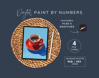 Paint by Numbers Coffee, Kitchen Wall Art, Adult Digital Coloring, Procreate, PNG, 30 Color Palette, Advanced CBN, Instant Download, 166