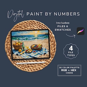 May include: Digital paint by numbers image of a beach scene with a picnic basket and fruit on a blanket. The image is displayed on a tablet computer with a stylus next to it. The image includes 4 file types and 30 color palettes with RGB and HEX codes.