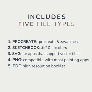 May include: Text listing five file types included in a digital download: Procreate, Sketchbook, SVG, PNG, and PDF. The text includes details about each file type, such as compatibility with specific apps.