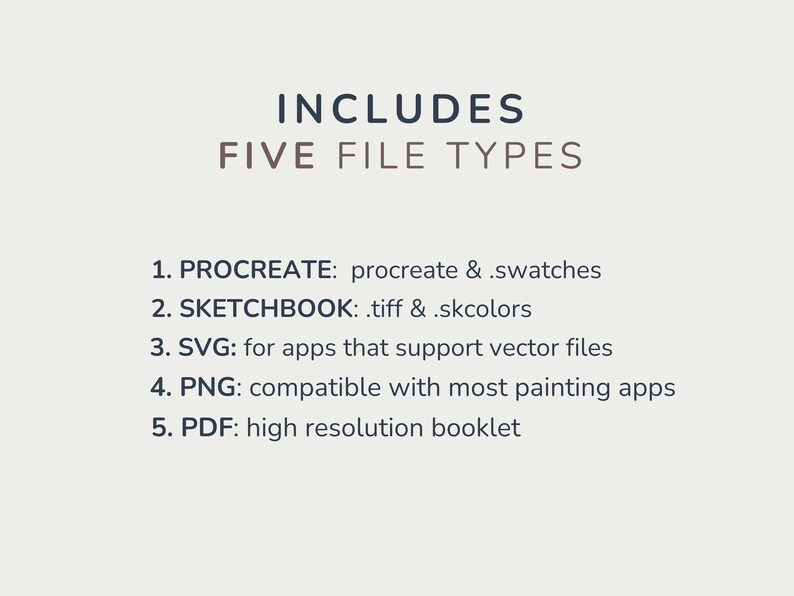 May include: Text listing five file types included in a digital download: Procreate, Sketchbook, SVG, PNG, and PDF. The text includes details about each file type, such as compatibility with specific apps.