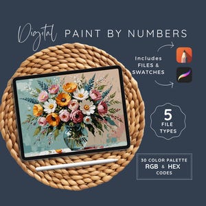 以下が含まれることがあります： 花瓶に活けられた花束のデジタルペイントバイナンバー画像。タブレットとスタイラスペンで表示されています。画像には、5種類のファイルタイプ、30色のパレット、RGBとHEXコードが含まれています。