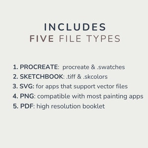 May include: Text listing five file types included in a digital download: Procreate, Sketchbook, SVG, PNG, and PDF. The text includes details about each file type, such as compatibility with specific apps.