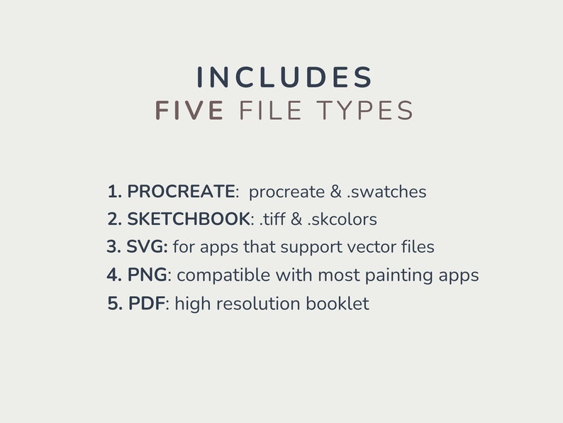 May include: Text listing five file types included in a digital download: Procreate, Sketchbook, SVG, PNG, and PDF. The text includes details about each file type, such as compatibility with specific apps.