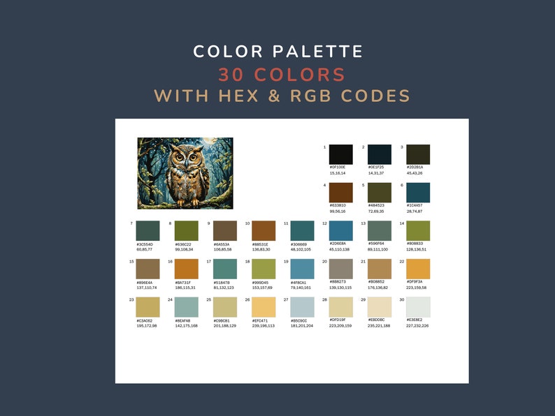 May include: A colour palette with 30 colours displayed in a grid. Each colour is labelled with its hex and RGB code. The colours range from dark green to light yellow. The palette is titled "Color Palette 30 Colors with Hex & RGB Codes".