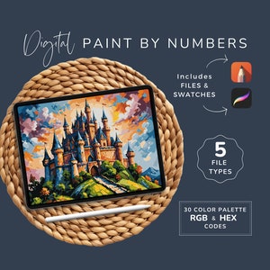 Peut inclure: Image numérique de peinture par numéros d'un château coloré sur une colline. L'image est affichée sur une tablette avec un stylet. L'image comprend 5 types de fichiers, 30 palettes de couleurs et des codes RVB et hexadécimaux.