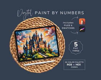 Digital Paint by Numbers, Mystical Castle, DIY Fantasy Art Kit, Printable Template, PDF PBN Coloring Pages, 30 Colors, Instant Download WP42