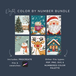 May include: Digital color-by-number bundle featuring six festive illustrations. The images include a Christmas tree, a mug of hot cocoa, Santa Claus, a snowman, a reindeer, and a decorated house. Includes Procreate file and swatches, plus other file types.