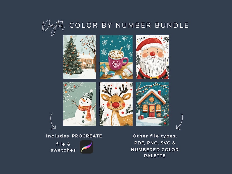 May include: Digital color-by-number bundle featuring six festive illustrations. The images include a Christmas tree, a mug of hot cocoa, Santa Claus, a snowman, a reindeer, and a decorated house. Includes Procreate file and swatches, plus other file types.