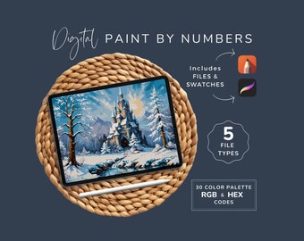 Procreate Paint By Numbers, Winter Wonderland Castle, Fantasy Art, Digital Painting, Sketchbook, PDF PNG, 30 Colors, Instant Download WP22