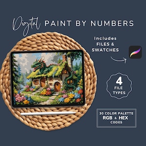 May include: Digital paint by numbers image on a tablet screen showing a green dragon on top of a cottage with a thatched roof. The image is surrounded by a woven wicker placemat. The text "Digital Paint by Numbers" is at the top of the image. The text "Includes Files & Swatches" is in the upper right corner of the image. The text "4 File Types" is in the lower right corner of the image. The text "30 Color Palette RGB & HEX Codes" is in the lower right corner of the image.