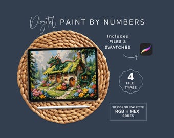 Paint By Numbers Fantasy, Dragon guarding House, Digital Mythical Art, Cottage Storybook Art, Procreate, 30 Colors, Instant Download WP222
