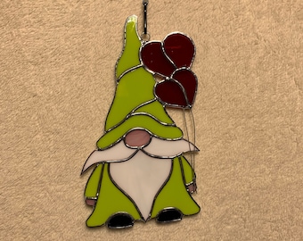 Beautiful Handmade Stained Glass Gnome with red heart balloons