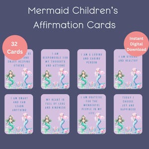 Carte di affermazione della sirena per bambini stampabili, set di 32 carte di affermazione, carte del mazzo di affermazione positiva, sirena, pensieri positivi