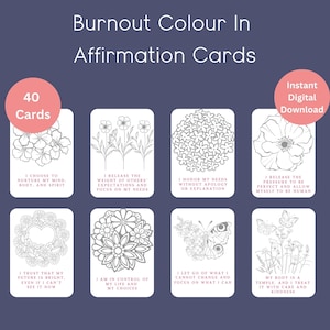Tarjetas de afirmación para colorear e imprimir sobre el agotamiento, juego de 40 tarjetas de afirmación, baraja de cartas de afirmación positiva, colorear, mentalidad, liberación del estrés