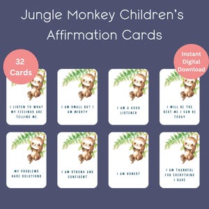 Tarjetas de Afirmación Infantiles Imprimibles, Conjunto de 32 tarjetas de afirmación, Tarjetas de Baraja de Afirmación Positiva, Selva, Mono, Pensamientos Positivos