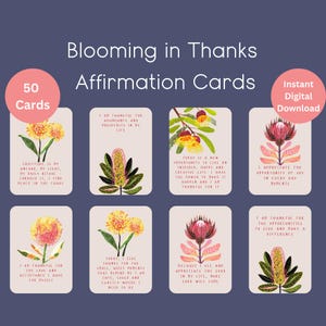 Cartões de Afirmação de Gratidão com Flores Australianas para Imprimir, Baralho de Cartas de Afirmações Positivas, 50 Afirmações Diárias em PDF, Ferramenta de Mentalidade de Autocuidado