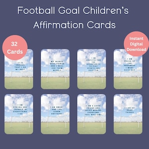Afdrukbare bevestigingskaarten voor kinderen, set 32 bevestigingskaarten, stapelkaarten positieve bevestiging, voetbal, sport, doel, positieve gedachten