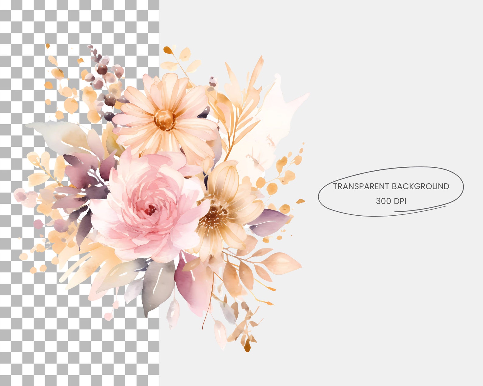 62 Pink & Gold Flowers PNG, Watercolor Floral Clipart Bouquets ...