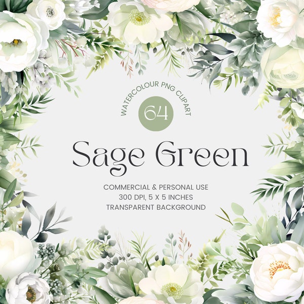 64 Sage Green Flowers PNG, Aquarelle Floral Clipart Bouquets, Éléments, Premade Clipart, Utilisation commerciale, Digital Clipart PNG - Pivoine, Roses