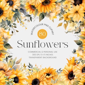 May include: A digital illustration of 80 watercolor sunflowers with a transparent background. The sunflowers are arranged in a circle with the text "WATERCOLOUR PNG CLIPART" and "Sunflowers" in the center. The text below the sunflowers reads "COMMERCIAL & PERSONAL USE 300 DPI, 5 X 5 INCHES TRANSPARENT BACKGROUND".