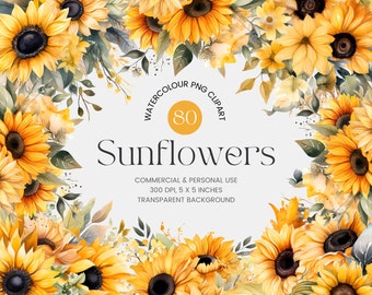 80 Sunflowers PNG, Watercolor Floral Clipart Bouquets, Elements, Premade Clipart, Commercial Use, Digital Clipart PNG - Flowers